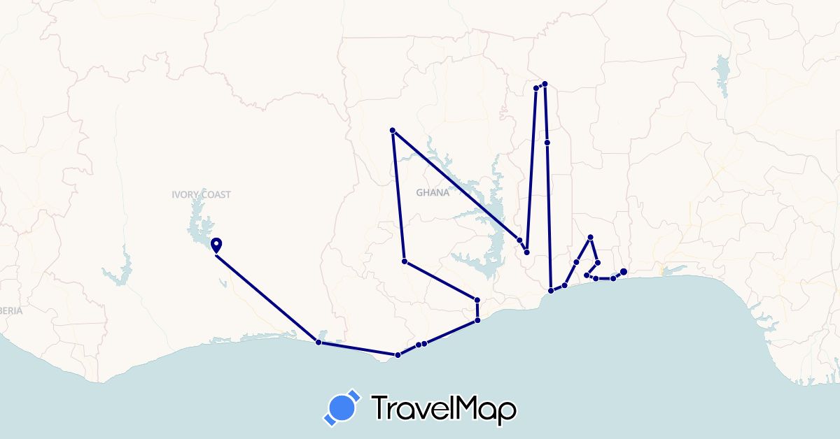TravelMap itinerary: driving in Benin, Côte d'Ivoire, Ghana, Togo (Africa)